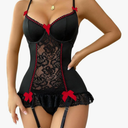 Lilosy Sexy Stocking Garter Belt Bows Floral Lace Babydoll Corset Push Up Teddy Lingerie Set with Panty SIZE XXL