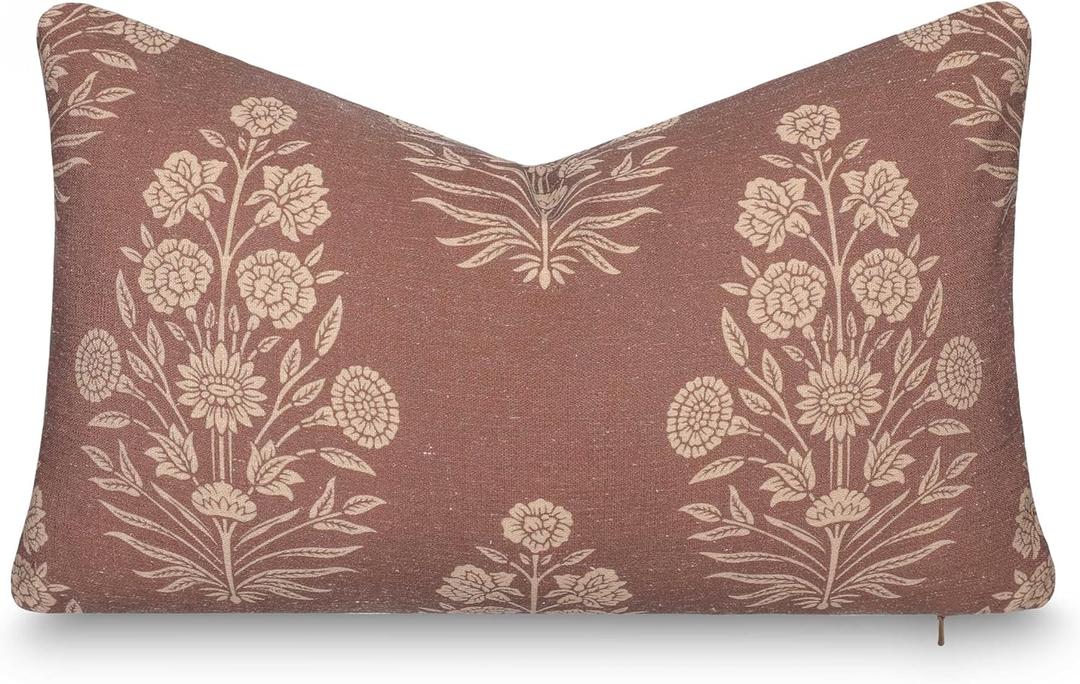 Crumbs Home Modern Farmhouse California Casual Indoor Outdoor Lumbar Pillow Cover, 12"x20" Water Repellent for Patio, Backyard, Couch, Poolside, Cocoa Brown Tan Print Floral