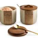 Ceramic Salt and Pepper Bowl, Salt Cellar with Lid and Spoons Salt Containers for Countertop Pepper Holder Box, Beige (Set of 2)