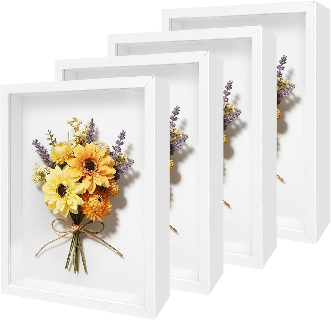 4 Pack 8"x 10" Shadow Boxes Frame Display Cases Wooden Deep Shadowbox for Photos Dried Flowers Baby Pet Wedding Collectible Frames for Wall Tabletop (White)
