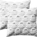 AVOIN colorlife Halloween Ghost White Throw Pillow Cover Set of 2, 16 x 16 Inch Soft Plush Faux Fur Jacquard Spooky Cushion Case Decoration for Sofa Couch