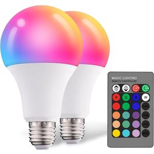 Droiee Dimmable E26 Warm LED Light Bulb, 6W RGBW Color 500LM with 16 Color Changing Modes for Christmas, Party etc with Remote Control 2 Pack