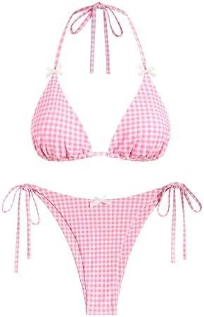 ZAFUL Women's Sexy Halter Bikini Sets Bow Decor Tiny Floral Print Bikini Swimsuits Tie Side Triangle Bathing Suits, Small