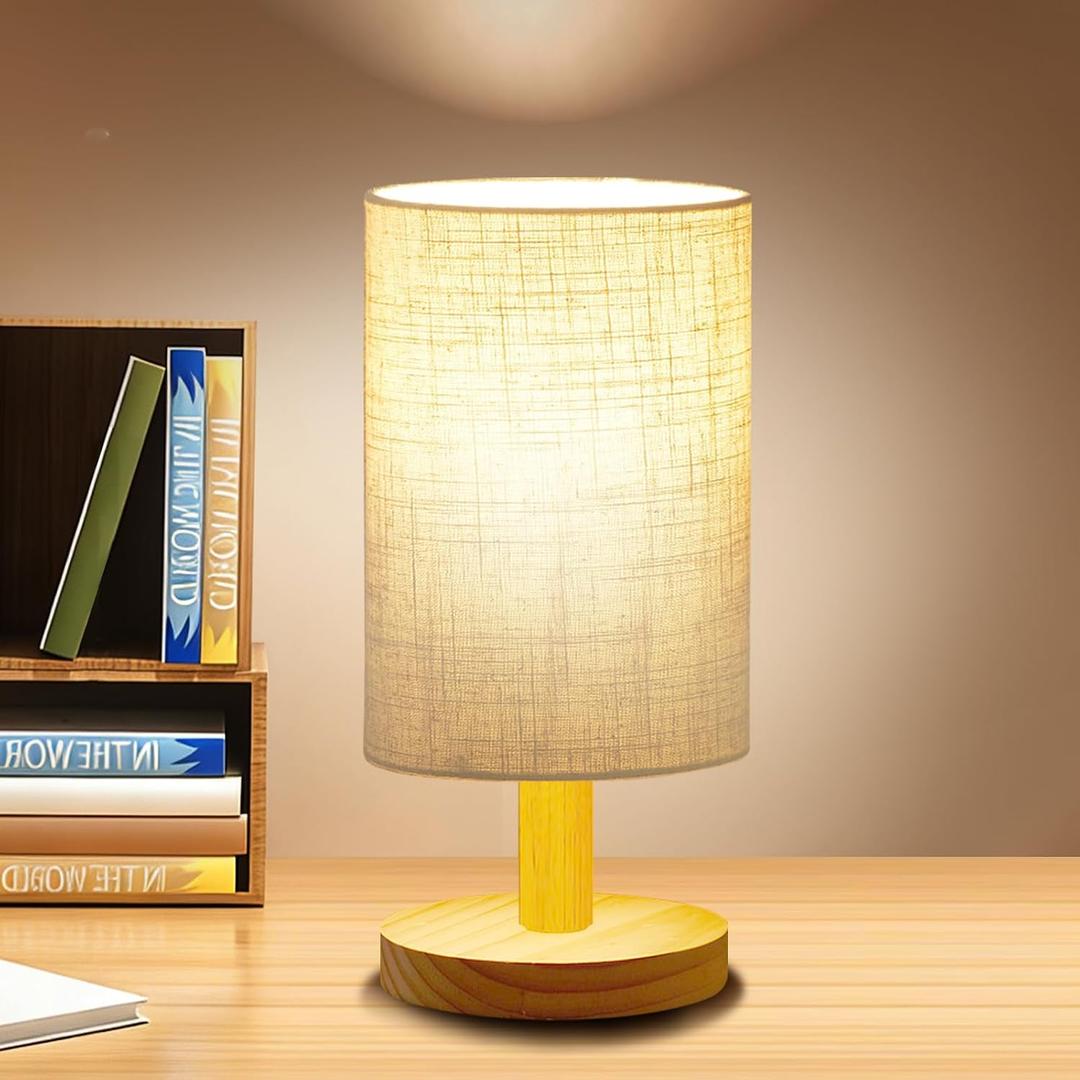 Small Table Lamp for Bedroom - Inline Control, Bedside Lamp for Warm Light LED Desk Lamp, Wood Base Round Flaxen Fabric Shade for Kids Room, Living Room, College Dorm, Home, Office