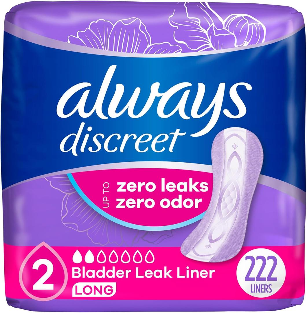 Always Discreet Incontinence Panty Liners for Women with Bladder Leaks, Size 2, Very Light Absorbency, Long Length, 111 CT x 2 Packs (222 Total Count)