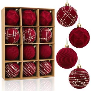 Tifeson 12pcs Velvet Christmas Balls Burgundy 3.15inch Flocked Shatterproof Hanging Ball Ornaments Christmas Tree Decorative Ornaments for Xmas Holiday Festival Party Decor
