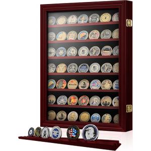 ASmileIndeep 7 Rows Military Challenge Coin Holder Display Cabinet Wall Mount with HD Tempered Glass, Holds 100 Coins, Wooden Medal Display Case Shadow Box with Removable Shelves, Mahogany