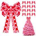 Ovveroche 13pcs Valentine Tree Topper Bow with Heart Decorations Include 1pc Large 19.69 x 11.02 Inch and 12pcs Small 5.91 x 5.91 Inch Red Pink Bows Decor for Wedding Party Home Door Wall Decor