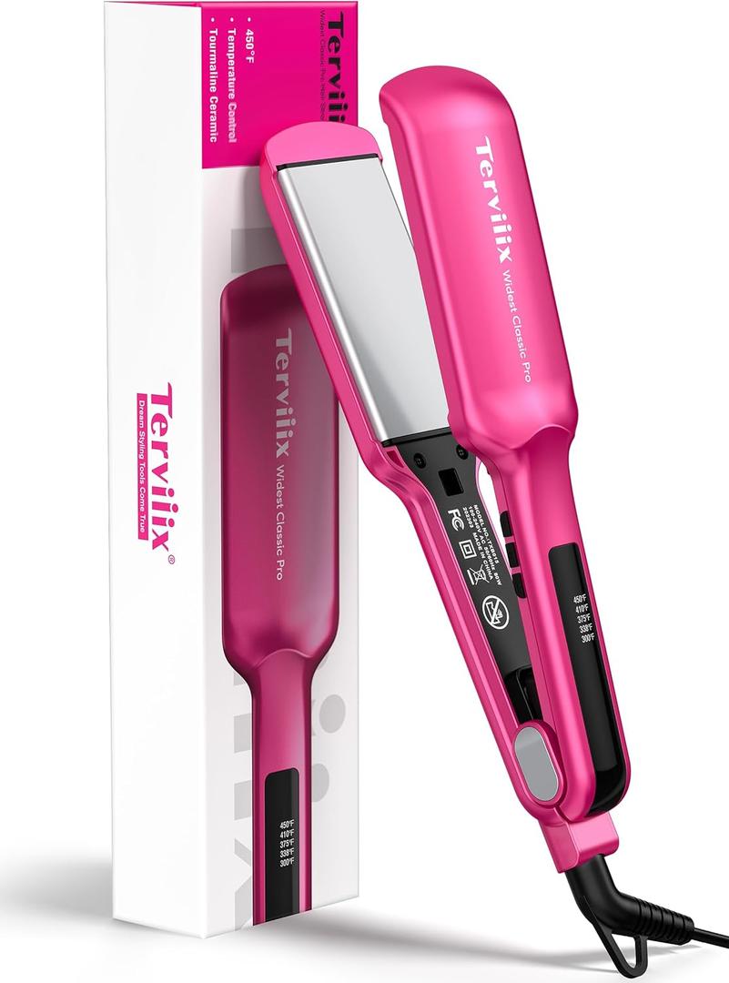 Terviiix 2 Inch Wide Ceramic Hair Straightener Flat Iron for Thick Curly Hair - Heats in 30s, 300F-450F Adjustable, Dual Voltage for Travel, Auto Shut Off, Pink