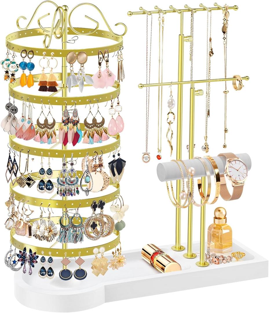 Jewelry Earring Holder Organizer, Adjustable 5 Tiers Rotating Earring Holder 3 Tier Necklace Holder with Wooden Base, Multi-Functional Jewelry Organizer Display Stand for Studs Bracelet Women(Gold) Jewelry Earring Holder Organizer, Adjustable 5 Tiers Rotating Earring Holder 3 Tier Necklace Holder with Wooden Base, Multi-Functional Jewelry Organizer Display Stand for Studs Bracelet Women(Gold)