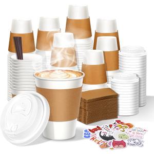12 oz Disposable Coffee Cups with Lids, Sleeves and Stirrers 100 Pack, Hot Cups with Lids, Leak-Proof To Go Cups for Hot Chocolate, Cocoa, Office, Coffee Bar Accessories