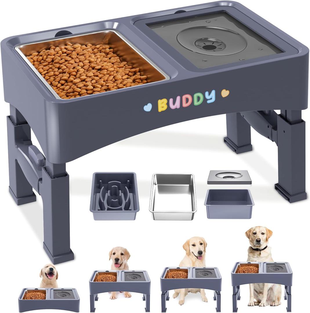 Decflow 3-in-1 Elevated Dog Bowls, 4 Height Adjustable Raised Dog Bowl with Stainless Steel Food Bowl, Slow Feeder, No Spill Water Bowls for Medium Large Dogs (Blue)