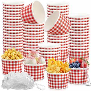 100 Pack Gingham Ice Cream Cups with Plastic Spoons 12oz Disposable Red and White Checkered Paper Bowls Plaid Picnic Snack Cups for Dessert Cold Food Pizza BBQ Camping Summer Party Supplies(Red)