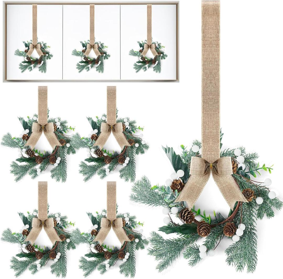 Lyrow 8 Pcs Mini Christmas Kitchen Cabinet Wreaths with Burlap Ribbon Artificial Green Leaves White Berries Hanging Wreaths for Home Front Door Christmas Holiday Indoor Decor