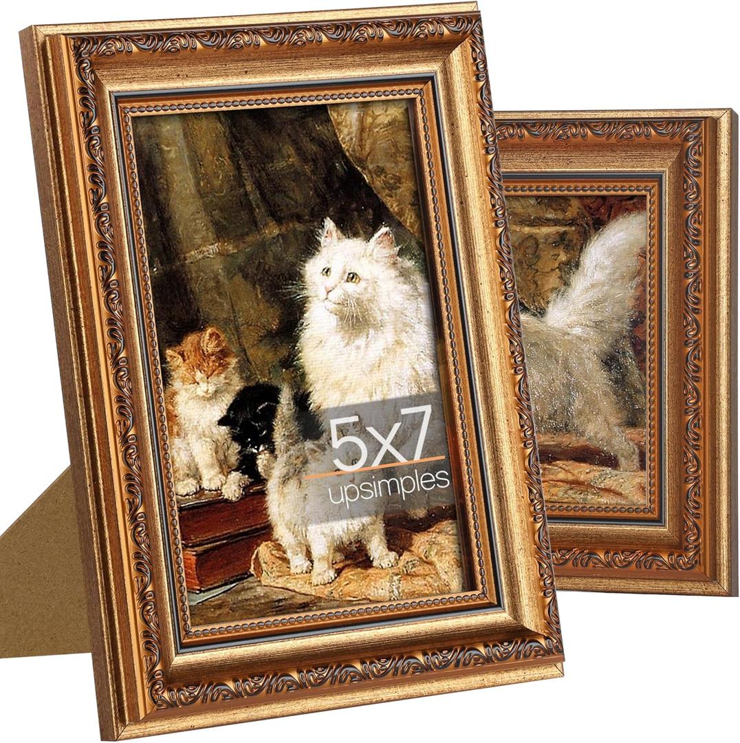 upsimples 5x7 Picture Frame with Real Glass, Ornate Vintage 5 x 7 Photo Frames for Wall Decor or Tabletop Display, Bronze and Black, 2 Pack