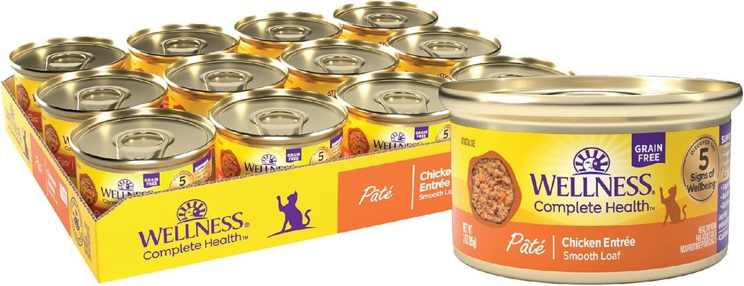 Wellness Complete Health Pate Adult Canned Wet Cat Food, Natural, Protein Rich, Grain Free, Chicken Entrée Recipe, 3 oz, Pack of 24 Cans, Best By: May 02/2029