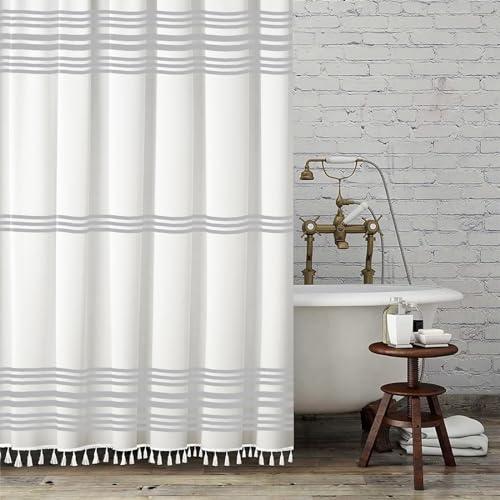 Seasonwood Grey and White Shower Curtain with Tassels Modern Farmhouse Shower Curtains for Bathroom Decor 72L”x72W” Machine Washable Fabric Bath Curtain