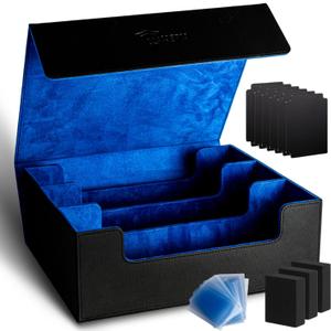 Trading Card Storage Box - Holds 1800+ Cards With Magnetic Closure, 10 Dividers, 3 Foam Stoppers and 100 Sleeves fits Commander MTG, YuGiOh, and Sports Card Storage - Card Case - Deck Box - TCG (Black/Blue)