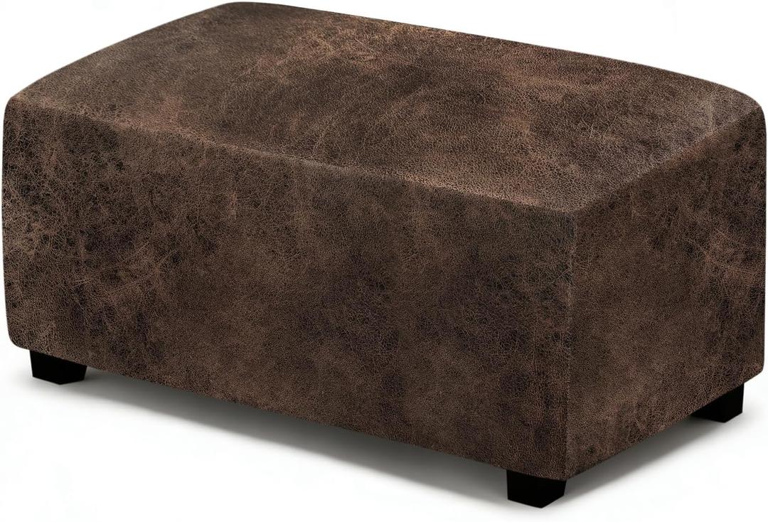 ANARACHON Leather Like Ottoman Cover, Stretch Small/Large Square Ottoman Covers, Rectangular Ottoman Slipcovers with Non-Slip Elastic Bottom for Footstools (X-Large, Brown)