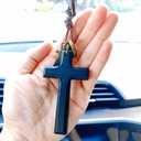 2 x Vintage Wooden Cross Rear View Mirror Accessories, Big Size Cross Car Mirror Charms Safe for Windshields, Cute Car Accessories Hanging Ornament Universal Automotive Interior Decor (Black)