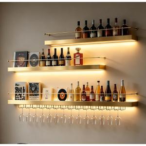 47IN Wall Mounted Wine Rack with LED Lights，Gold, 47IN/120CM