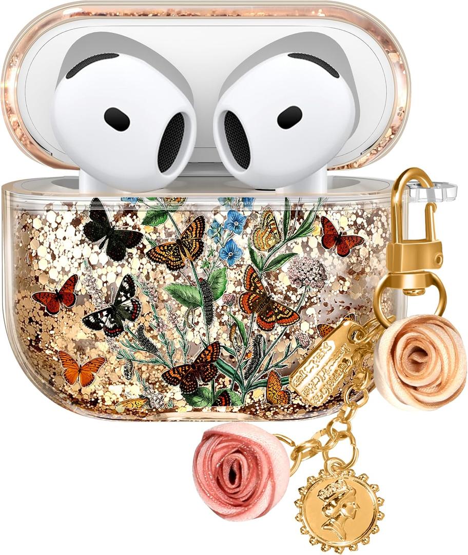 for Apple for Airpods 4 Case 2024 - Quicksand Liquid Cute Aesthetic Cover Mujer Girl Women Sparkling Sparkle Glitter Bling Sparkly Butterfly Flower Floral Keychain Girly for Airpod 4 Case
