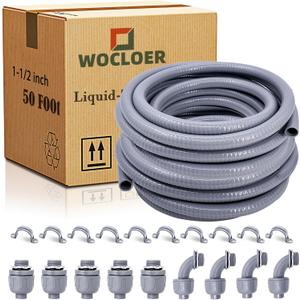 1-1/2 inch 50 Foot Liquid-Tight Conduit Kit, Flexible Non Metallic Electrical Conduit and Connector Kit, With 5 Straight and 4 Angle Fittings and Pipe Strap