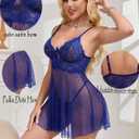 Women Lace Babydoll Lingerie Polka Dots Mesh Sleepwear Sets (Blue, S)