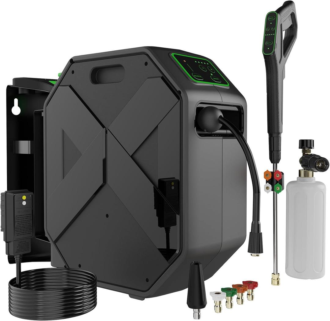 5000PSI Wall Mounted PowerWasher with 4 Quick Connect Nozzles, Foam Cannon for Car, Lane, Patio Cleaning, Black