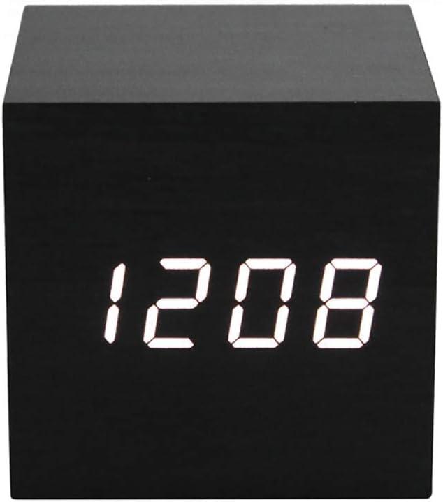 ThreeH Digital Alarm Clock, Wood Cube Little Clock with LED Time Calendar Temperature Display, Sound Control, Intelligent Induction, USB/Battery Powered Clock for Home Office AC10 Black_White
