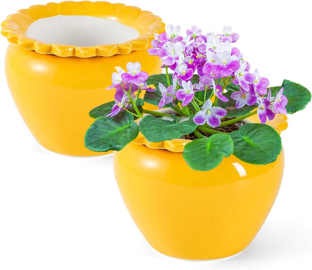 2pcs 6.5inch Design Self Watering Pot for Indoor Plants Yellow Indoor Plants Herbaceous Plants Flowers Terracotta Pots African Violet Pots Ceramic Orchid Planter Absorbent Inner Pot