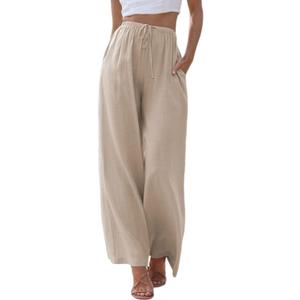 Himosyber Women Cotton Linen Pants Wide Leg High Waist Flowy Summer Beach Drawstring Pant Trouser (Beige, S)