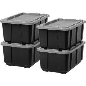 IRIS USA 27 Gallon Heavy Duty Truck Bed Toolbox Storage Tote Bins with Lids, 4 Pack - Made in USA, Tough Snap On Lid Stackable Industrial Rugged Tubs, Garage Organization, Reusable Box - Black/Gray (27 Gal - 4 Pack)