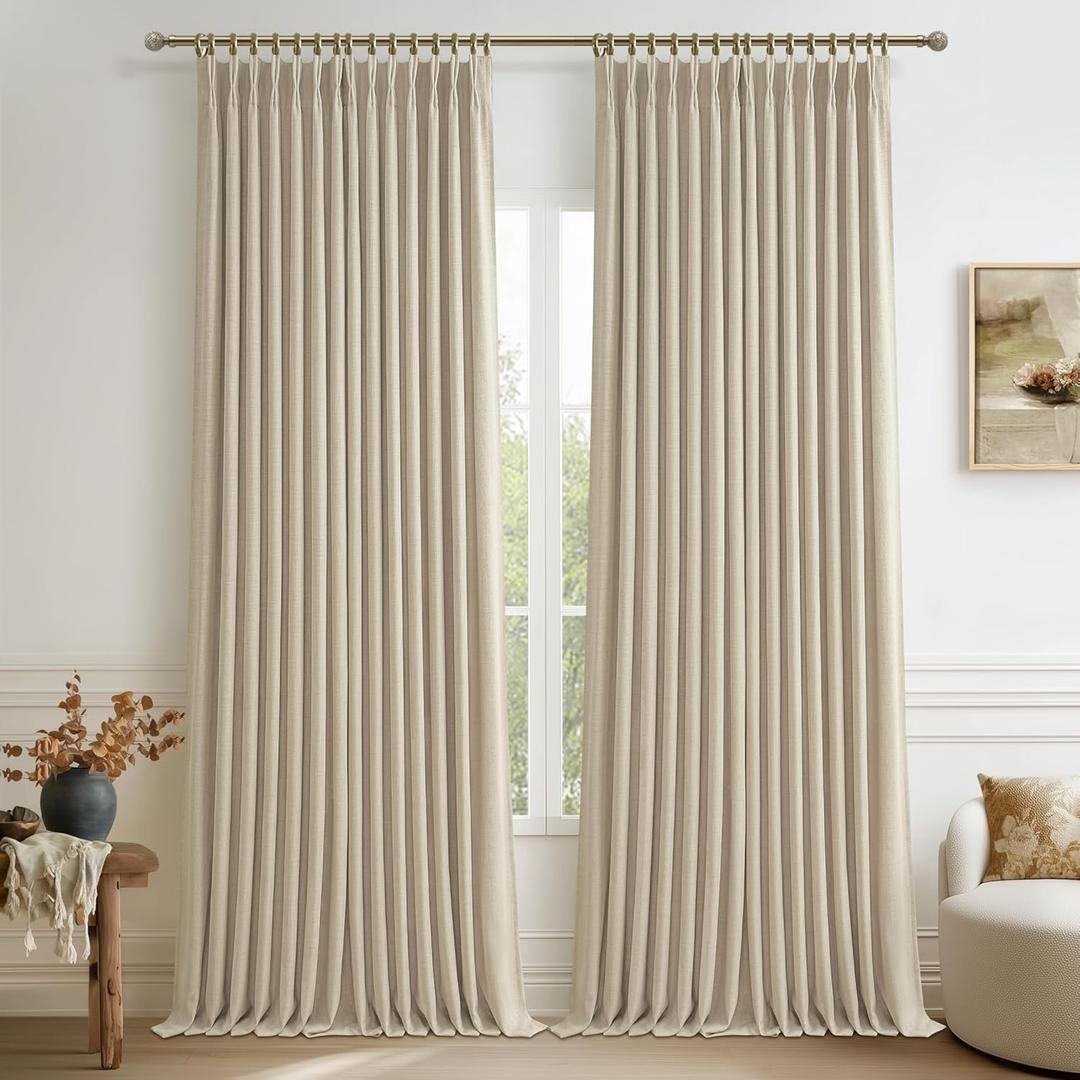 Natural Thick Linen Pinch Pleated 104 Inch Long Curtains for Kids Room/Nursery, Blackout Memory Shape Light Brown Insulated Privacy Viral Curtain Sound Proof Cottage Core Window Drapes Panels of 2