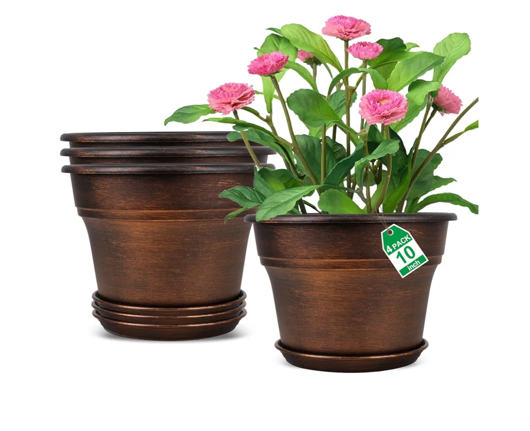10 Inch Planters Plant Pots Indoor Outdoor, 4 Pack Plastic Flower Pot for Indoor Plants with Drainage Holes & Trays, Resin Decorative Container Sets with Saucer for House Garden Copper