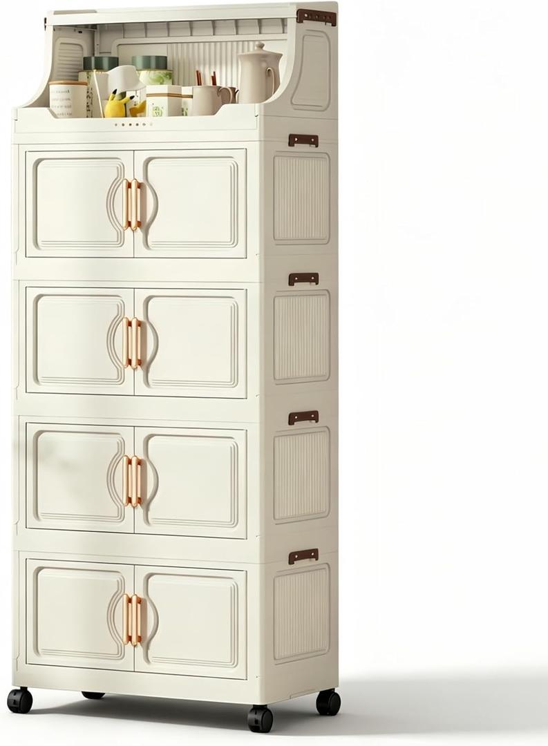 217QT Stackable Storage Bins with Lids & Rack, 5 Tier Large Capacity Foldable Storage Cabinet, Clear Collapsible Pantry Organizer for Home, Kitchen, Bathroom, Dorm, Office, White