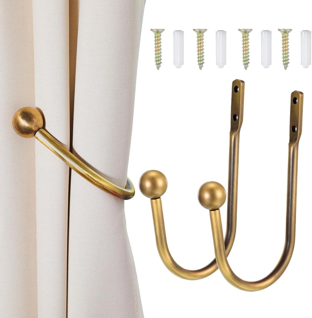 2 Pack Gold Antique Brass Curtain Holdbacks, Metal Drapery Tiebacks with Screw Rust-Proof Wall Mounted Decorative Hooks Retro Window Hook Curtain Accessories for Home Decor