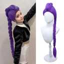 Girls Purple Wig Kids Long Purple Straight Pigtail Wig Heat Resistant Synthetic Wigs with Wigs Cap
