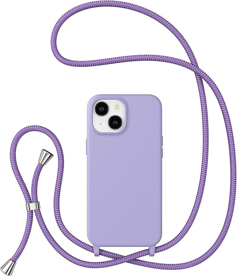ZTOFERA Crossbody Strap Case Compatible with iPhone 14 Plus/15 Plus 6.7 inch, Lanyard Strap with Adjustable Neck Shoulder,Liquid Silicone Soft Shockproof Protective Phone Cover-Purple