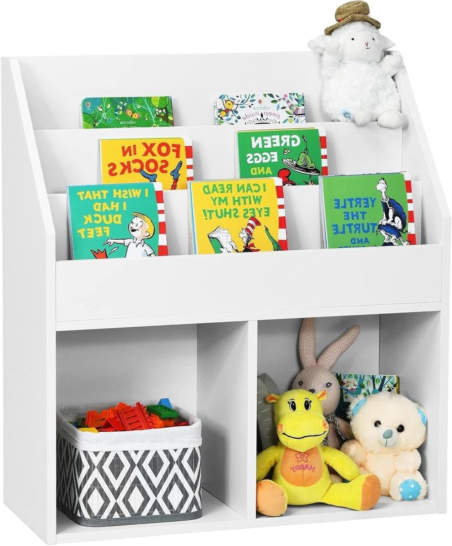 GLACER Kids Bookshelf, 3-Tier Wooden Sling Bookshelf for Kids w/Book Rack & 2 Storage Bins, Toy Storage for Kids Room, Nursery, Playroom, Classroom, Living Room, Toy Storage Organizer (White)