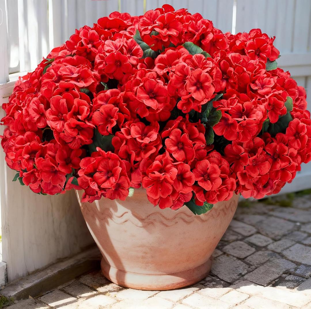 Artificial Geranium Flowers for Outdoors: 6 PCS Realistic UV Resistant Faux Red Geranium Silk Flowers for Outdoor Planters Fade Proof Garden Fake Flowers Decor for Outside Porch - Red
