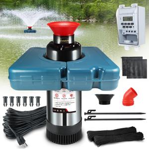 Goldlife Pond Fountain Aerator, F2-2 1HP 750W 110V Stainless Steel Floating Fountain With 100 Feet Power Cord, Timer, Aerating Fountain Pond Cascade Pump for Small Large Ponds Lake Jet System