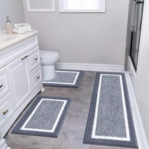 Pauwer Bathroom Rug Mat Set 3 Piece, Microfiber Shaggy Bath Set, Non-Slip Ultra Soft Carpet Mats, Absorbent with U-Shaped Toilet for Bathroom, Tub, Shower, Dark Grey (18"x26"+18"x48"+U Shape 20"x24")