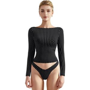 SUUKSESS Women Crew Neck Long Sleeve T Shirts Double Lined Tight Fitted Crop Top (Medium, Black Polka Dots)