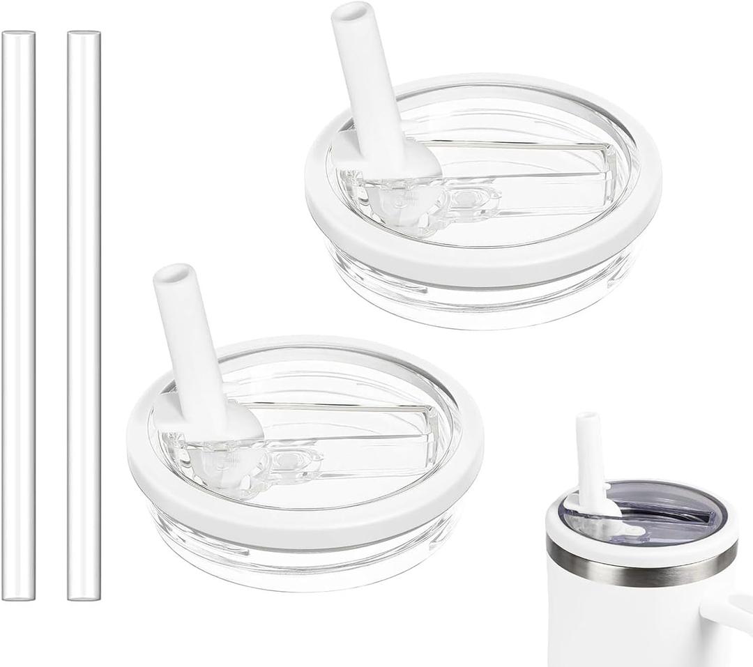 2 Pack 30 oz Tumbler Flip Straw Lid Replacement Compatible for Stanley Quencher, Leak Proof Lid Replacement for 30 OZ Stanley H2.0 FlowState Tumbler,Spill Proof Splash Reusable (White)