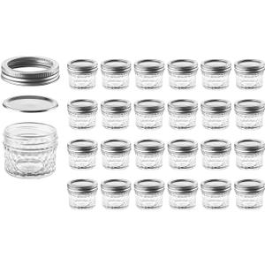 Mason Jars with Glass Lids 4 oz - Nellam Small Canning Jelly Jar Wide Mouth in Quilted Crystal for Airtight Kitchen Storage, Baby Food, Party Favors - Freezer & Microwave Safe - Set of 24, Silver