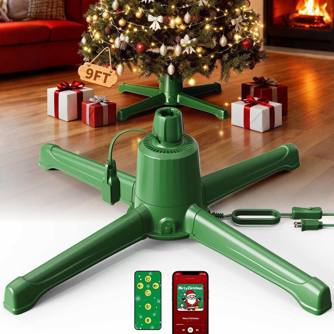 HOPOCO Musical Rotating Christmas Tree Stand with Remote, Anti-Tilt Noiseless 360-Degree Spinning Tree Stand Base with Speaker & Memory Function, Xmas Tree Holder Up to 9FT 120lb Artificial Tree 800W