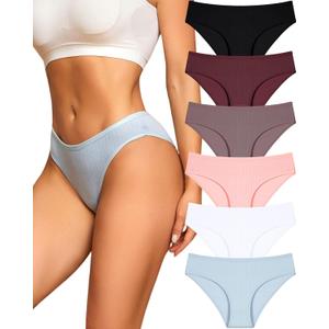 FINETOO Cotton Underwear for Women Sexy Low Rise Ribbed Hipster Breathable Soft Womens Bikini Girls Panties Cheeky, S (Black+white+khaki+pink+grape Pulple+blue)