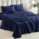 Tokokimo Queen Sheet Set 4 Piece, Super Soft Washed Cotton-Linen Feel Microfiber, 16" Deep Pocket Fitted Sheet, 1 Flat Sheet, 2 Pillowcases, Breathable Bed Sheets, Navy Blue