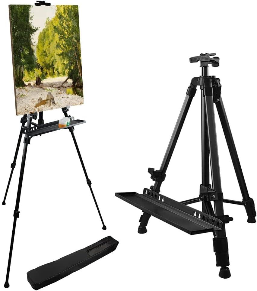 RRFTOK Art Painting Easel Stand for displaying, Aluminum Metal Artist Tripod Adjustable Easels for Paint Canvases Height from 21 to 61 Inches - Display with Paintbrush Tray Black, 1-Pack.